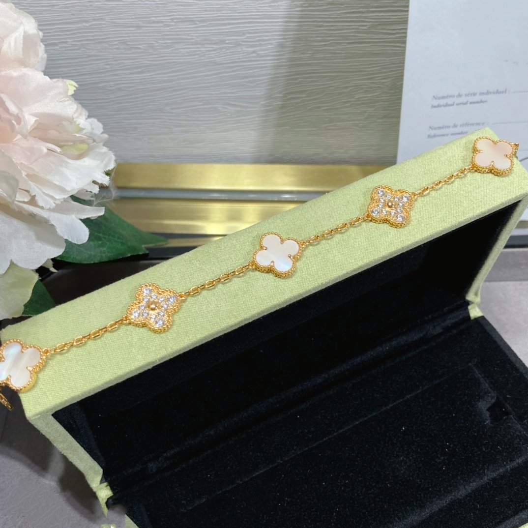 [AuraEcho Jewelry]CLOVER 5 MOTIF DIAMOND PINK MOP PINK GOLD BRACELET